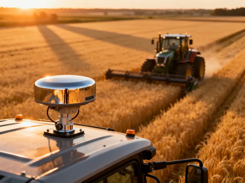 Nowoczesny ciągnik autonomiczny z anteną GPS RTK pracujący na polu pszenicy podczas zachodu słońca.