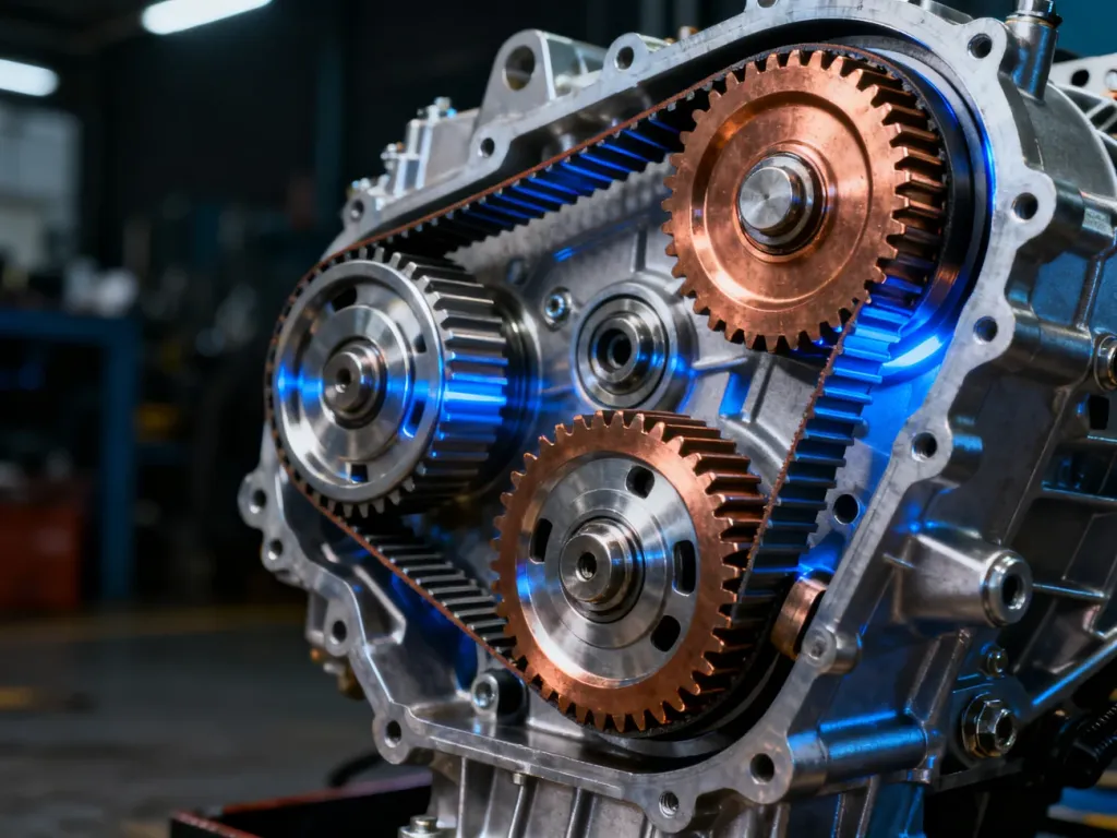 Zbliżenie na mechanizm przekładni bezstopniowej CVT z widocznymi stalowymi pasami i kołami o zmiennej średnicy.