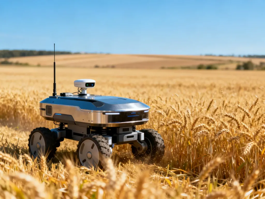 Autonomiczny robot rolniczy z zaawansowanymi czujnikami pracujący na polu pszenicy w słoneczny dzień.