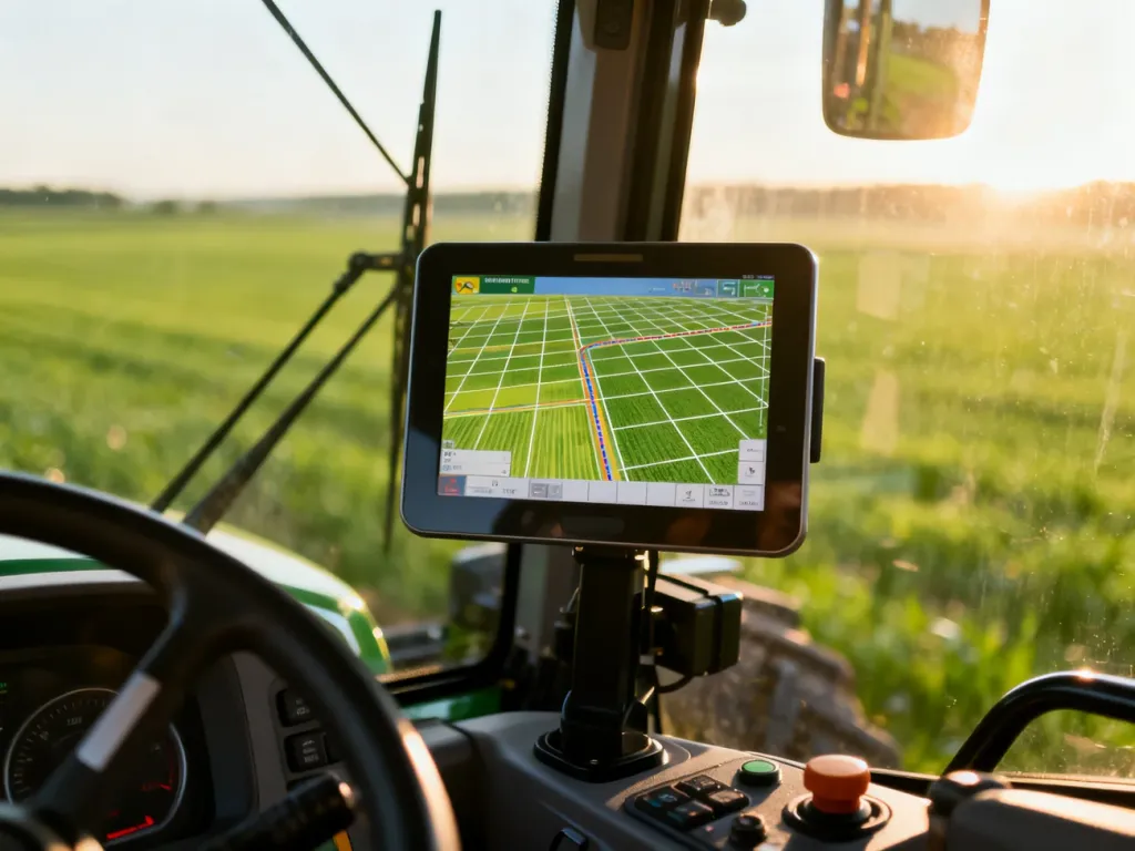Nowoczesny ekran nawigacji GPS w kabinie ciągnika, wyświetlający mapy pól i trasy przejazdu podczas pracy w gospodarstwie.