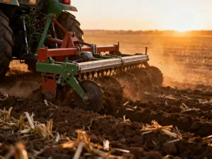 Mechanizm sita kombajnu z przesypującymi się ziarnami pszenicy w ciepłym świetle zachodzącego słońca.