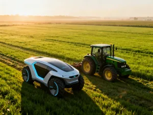 Zbliżenie na mechanizm regulacji nowoczesnego pługa rolniczego na tle pola w świetle zachodzącego słońca.
