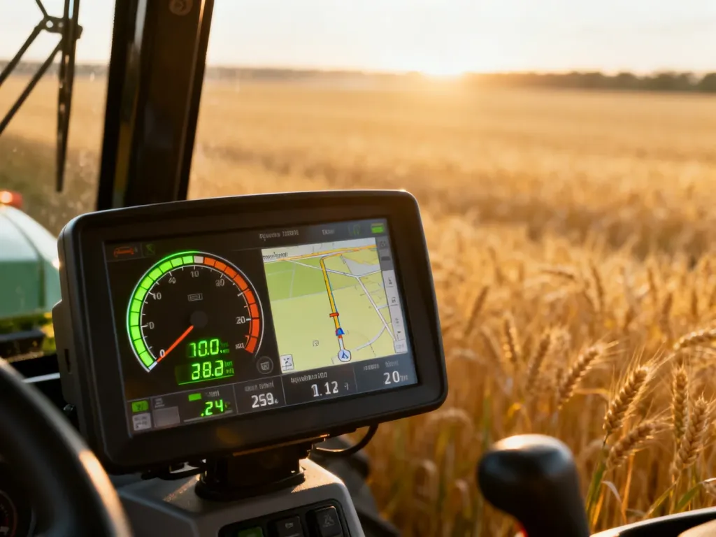 Nowoczesna deska rozdzielcza ciągnika z wyświetlaczem zużycia paliwa i nawigacją GPS na tle złotego pola pszenicy.