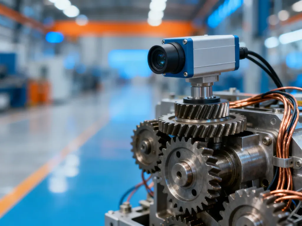 Zaawansowany czujnik zamontowany na metalowym mechanizmie przekładni, monitorujący stan techniczny maszyny przemysłowej.