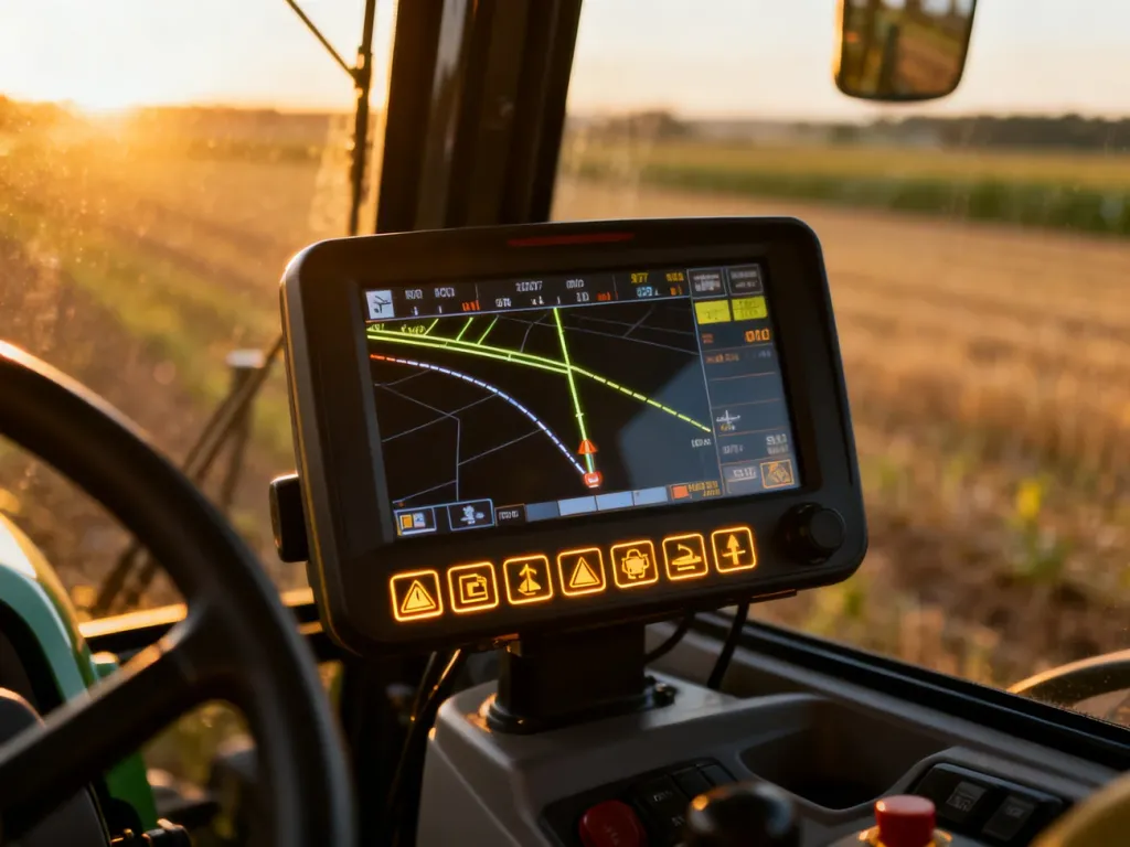 Terminal GPS w kabinie ciągnika z widocznymi liniami nawigacji, służący do precyzyjnej kalibracji systemu prowadzenia.