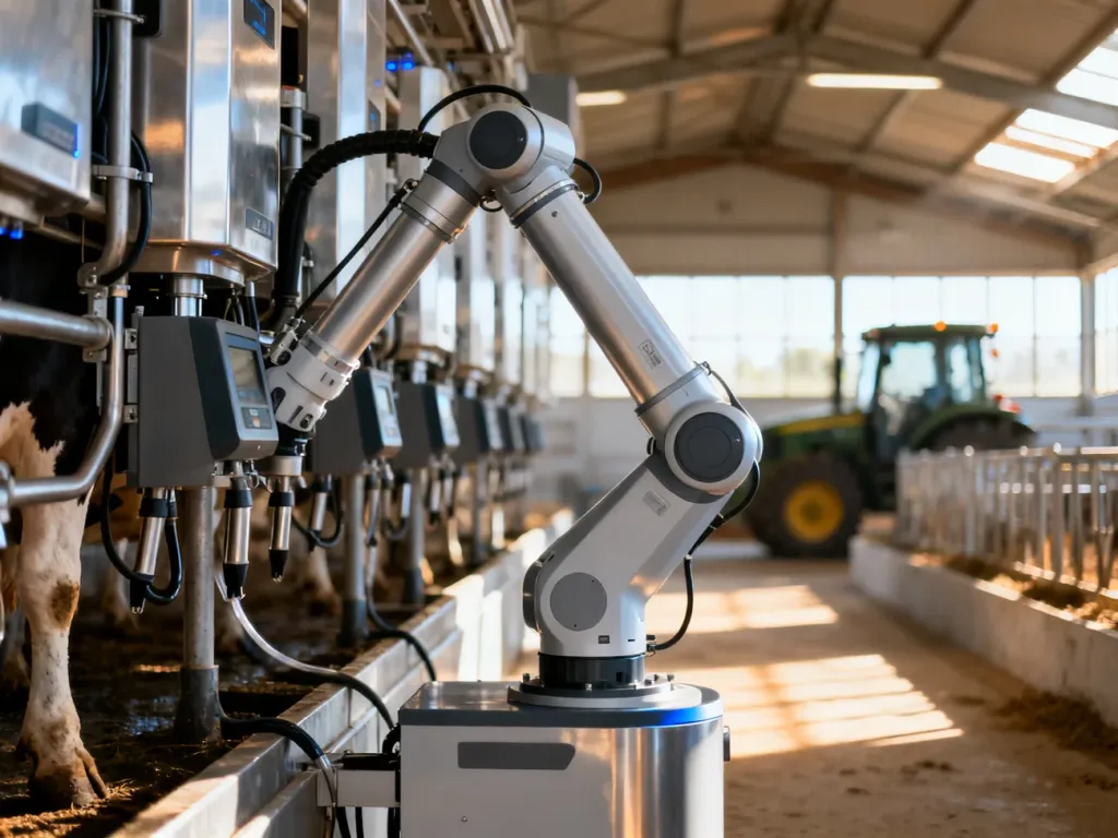 Nowoczesne stanowisko do automatycznego doju w profesjonalnej oborze, wykorzystujące zaawansowaną technologię robotyczną.