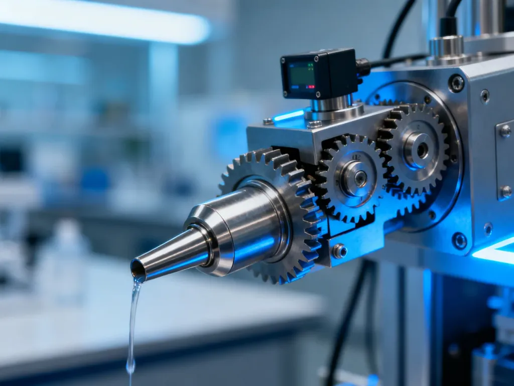 Zbliżenie na precyzyjną dyszę dozującą systemu przemysłowego z widocznymi mechanizmami i czujnikami w laboratorium.
