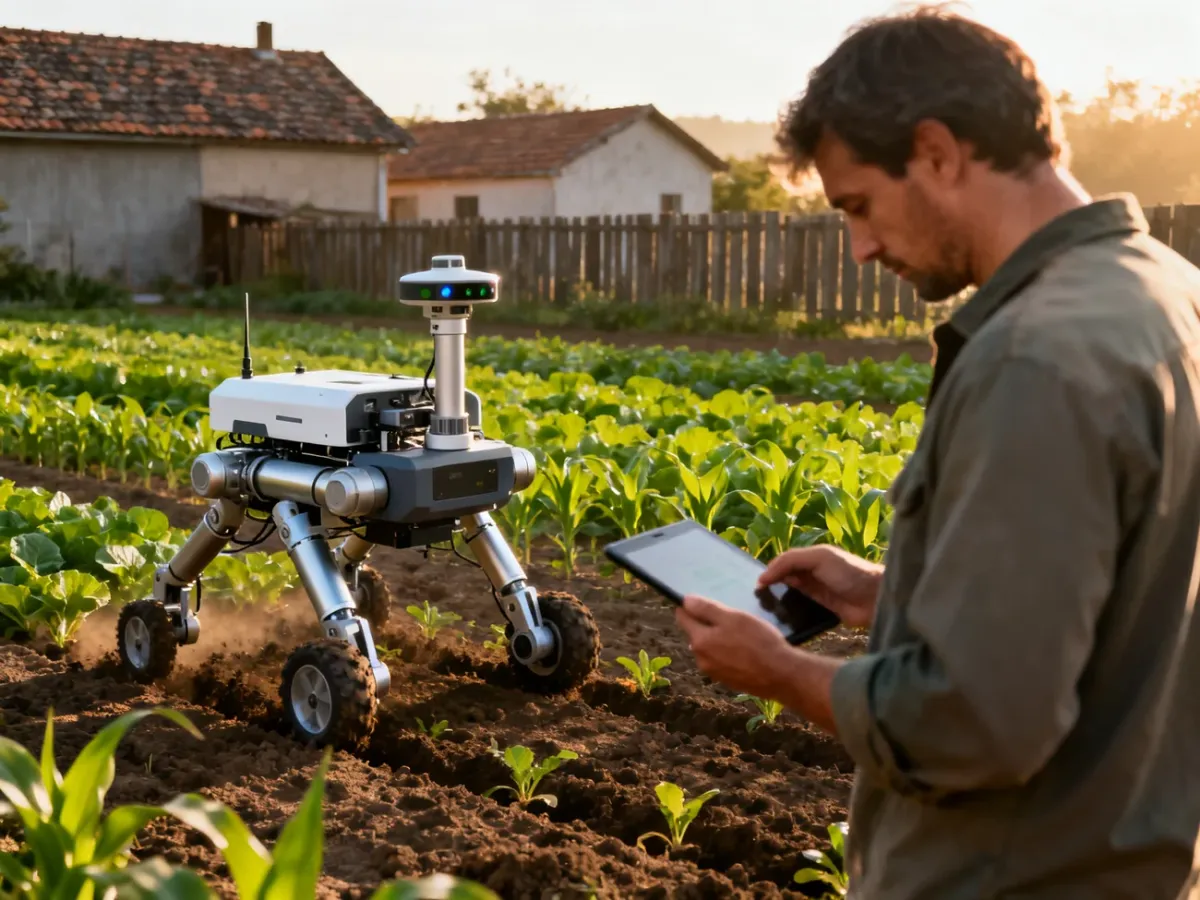 Robot rolniczy pracujący na polu podczas obserwacji przez rolnika