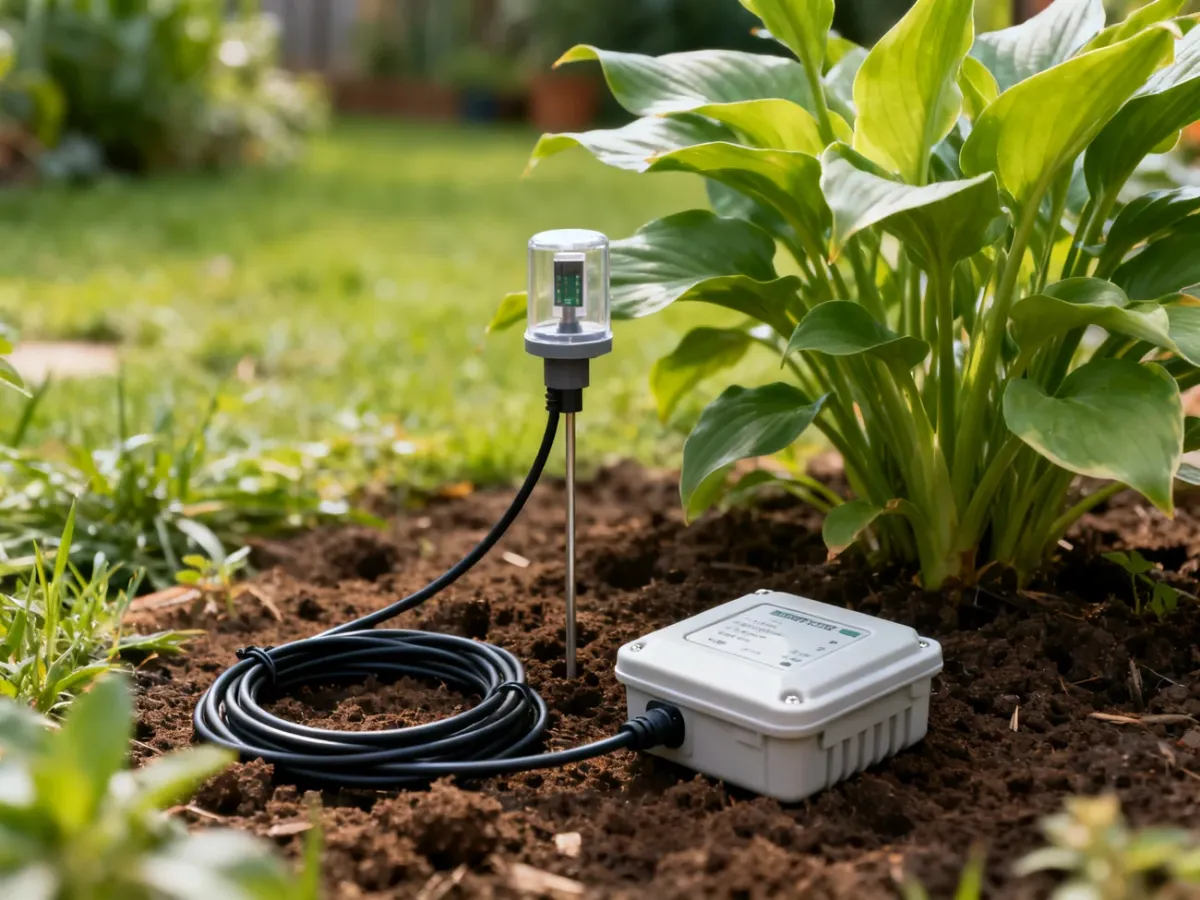 Zabezpieczona instalacja czujnika wilgotności gleby w ogrodzie
