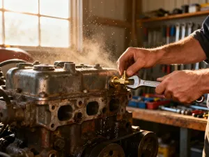 Zbliżenie na mechanizm przekładni bezstopniowej CVT z widocznymi stalowymi pasami i kołami o zmiennej średnicy.