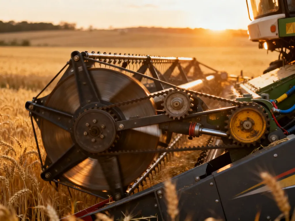 Mechanizm tnący hedera kombajnu pracujący w polu pszenicy podczas zachodu słońca, ukazujący detale konstrukcyjne maszyny.