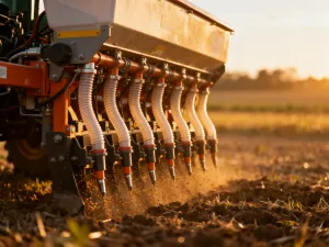 Ostrze pielnika mechanicznego wbijające się w żyzną glebę podczas pracy na polu w świetle zachodzącego słońca.