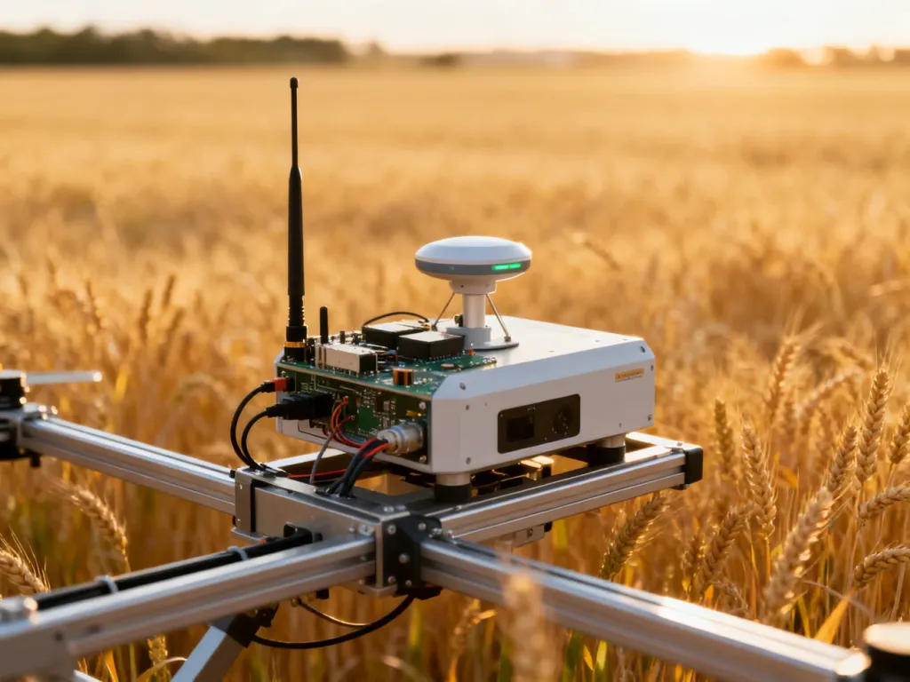 Zaawansowany czujnik robota polowego z antenami GPS zamontowany na metalowej ramie pośród złotego pola pszenicy.