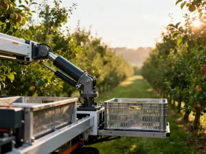 Zbliżenie na mechaniczne przeguby i przewody hydrauliczne platformy do zbioru warzyw w świetle zachodzącego słońca.