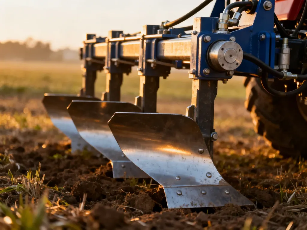 Zbliżenie na metalowy mechanizm obrotowy nowoczesnego pługa w polu podczas wschodu słońca.