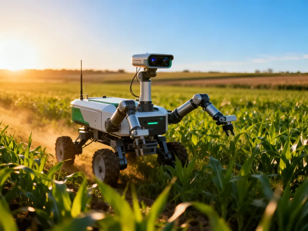 Autonomiczny robot rolniczy z zaawansowanymi sensorami poruszający się po polu podczas wschodu słońca.