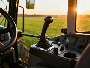 Nowoczesny ciągnik z systemem GPS w kabinie, precyzyjnie mapujący pole pszenicy podczas zachodu słońca.