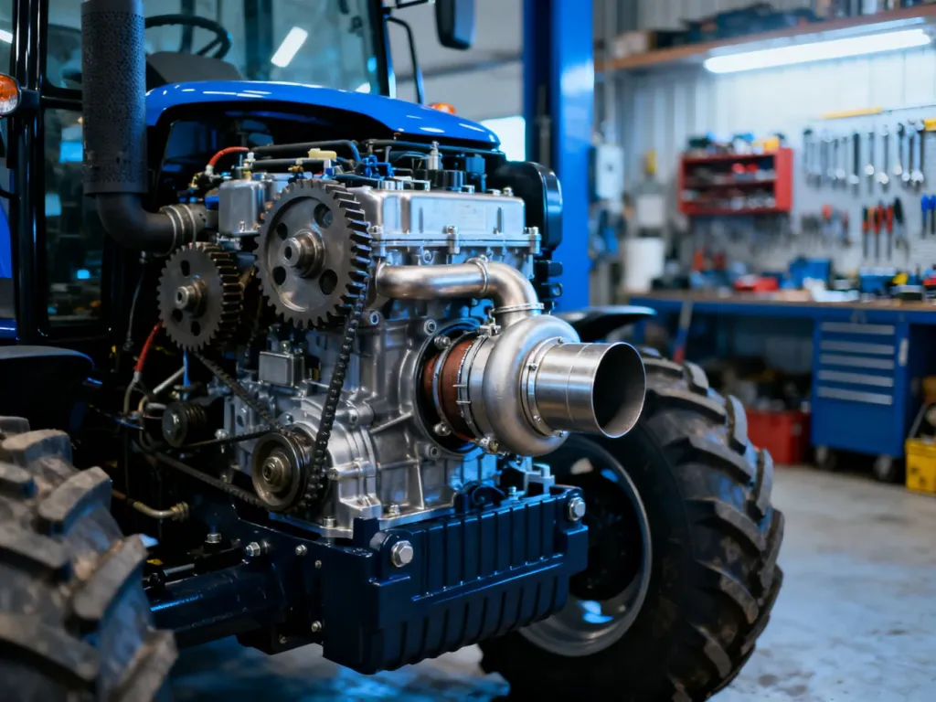 Zbliżenie na nowoczesny silnik ciągnika z turbosprężarką w profesjonalnym warsztacie, podkreślające precyzję mechaniczną.