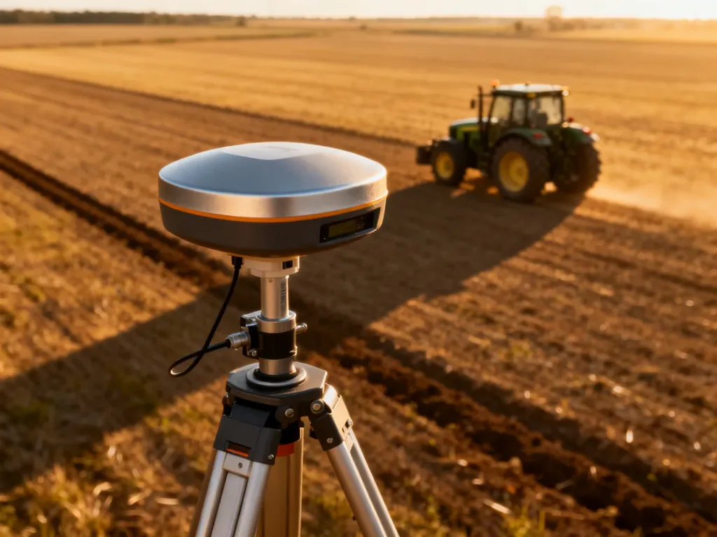 Profesjonalna antena GNSS na statywie w polu, z pracującym w tle ciągnikiem podczas zachodu słońca.