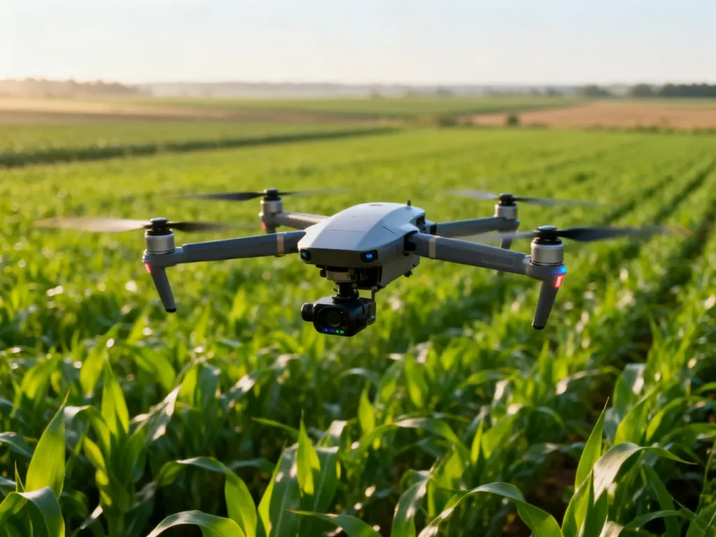 Nowoczesny dron rolniczy z czujnikami multispektralnymi skanuje zielone uprawy, wspierając precyzyjne zarządzanie polem.